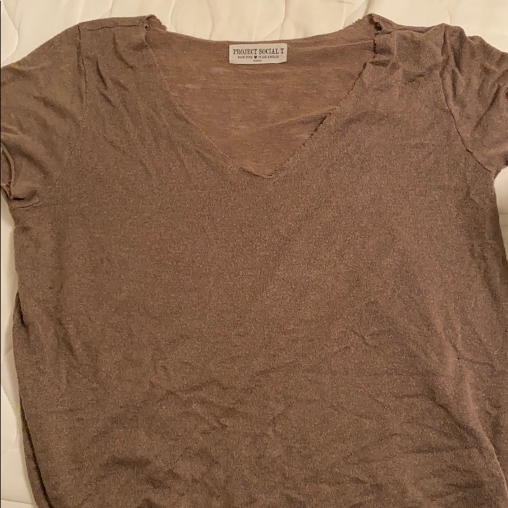 Brown v-neck with raw hem